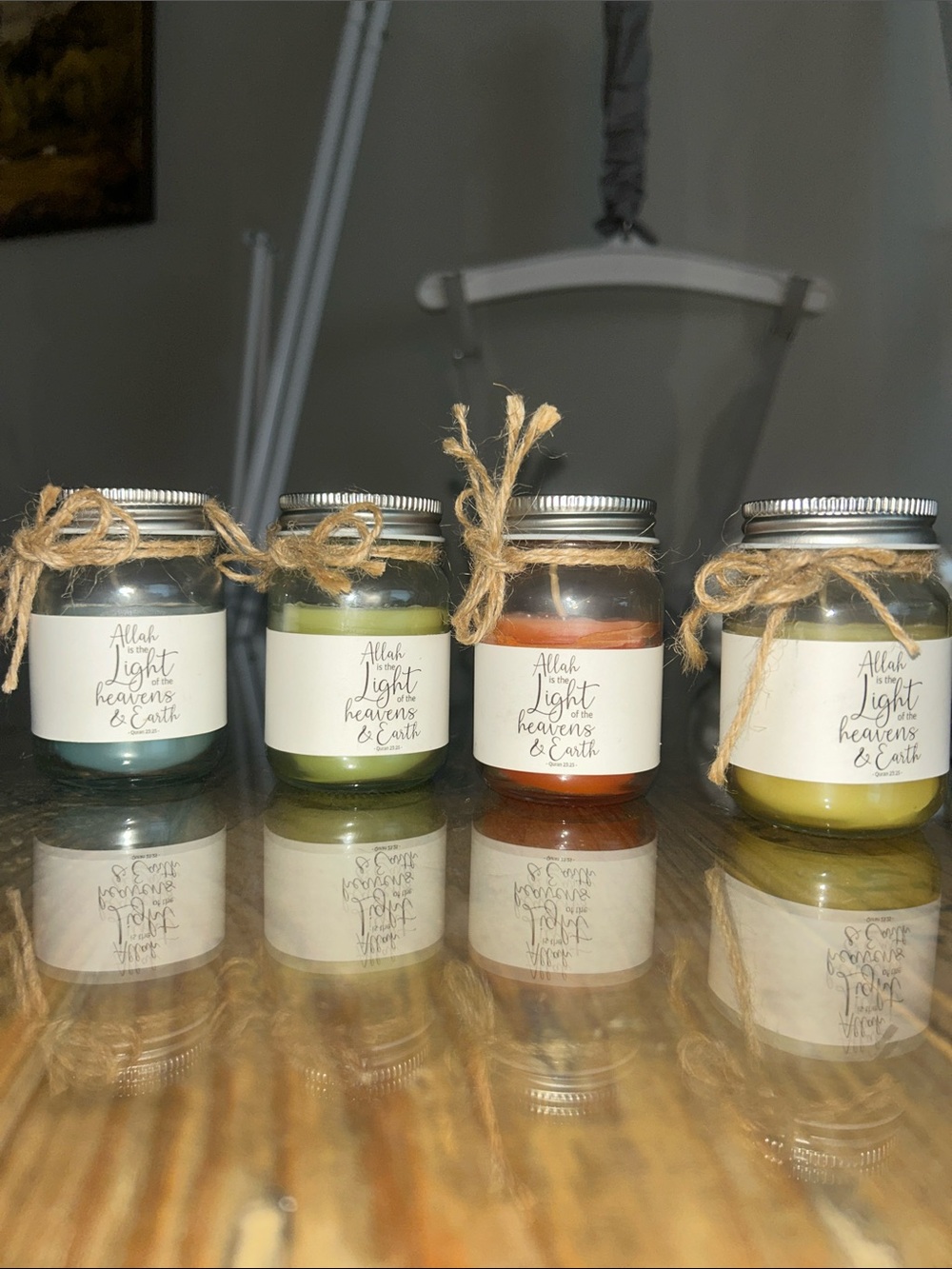 Custom made Four piece Islamic Scented Mason Jar Candles Quran Verse Muslim Gift